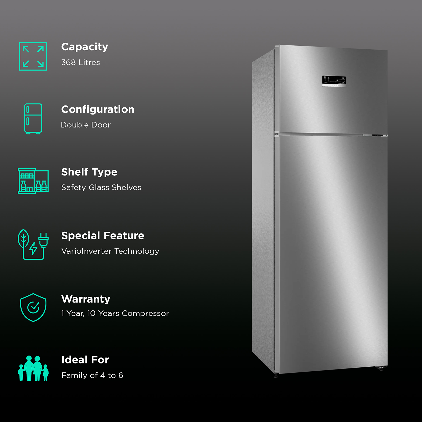 BOSCH Series 4 368 Litres 3 Star Frost Free Double Door Refrigerator  (CTC39K03NI, Smoky Steel)